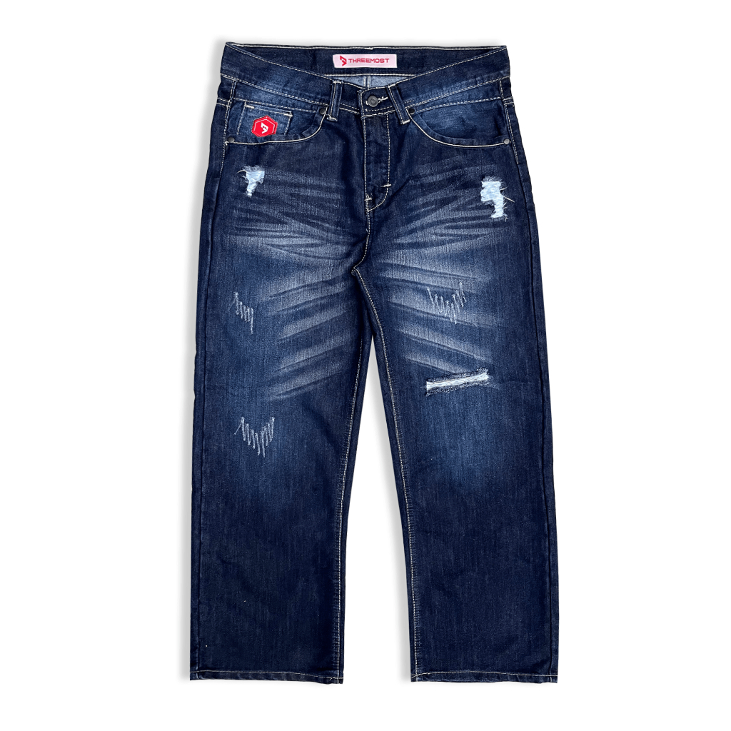 Threemost - Celana Panjang Jeans Pria Straight Skena Baggy Jeans Wisker Skaters