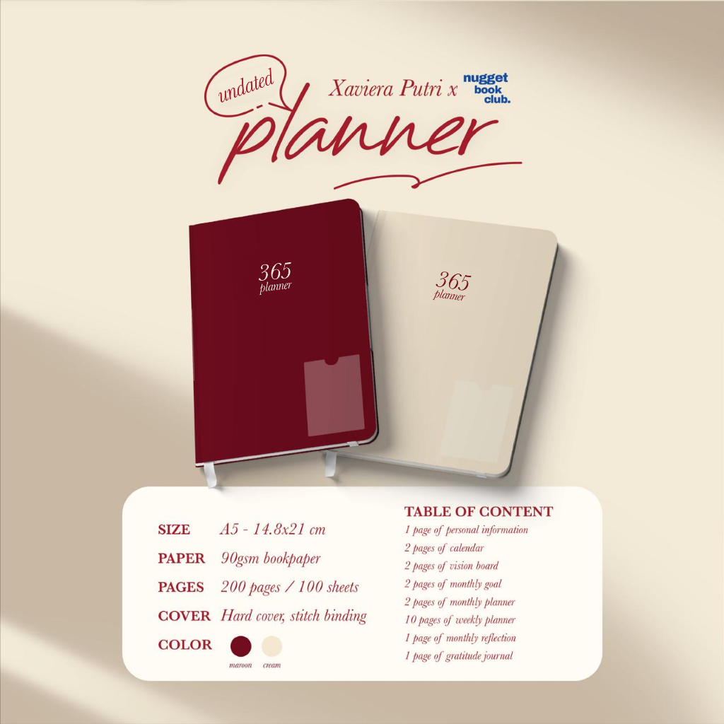 

Undated Planner - Xaviera Putri x Nugget Book Club - Dated Monthly Weekly Vision Gratitude Journal