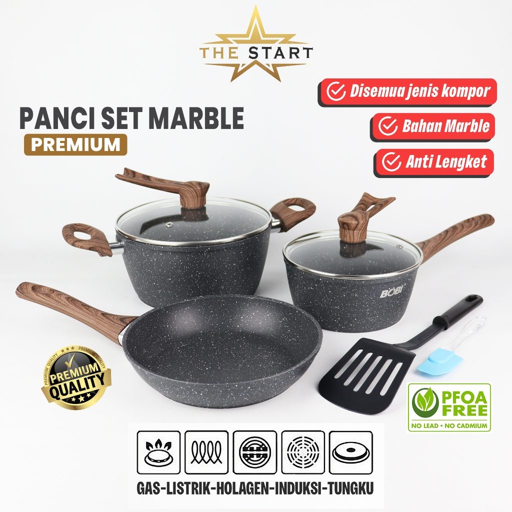 Panci Wajan Teflon Granite Set Lengkap Anti Lengket Keramik Marble Premium