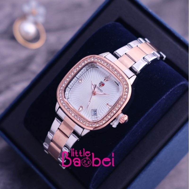 Jam tangan Wanita Fashion Original Leopard Model Kotak- Silver Rosegold