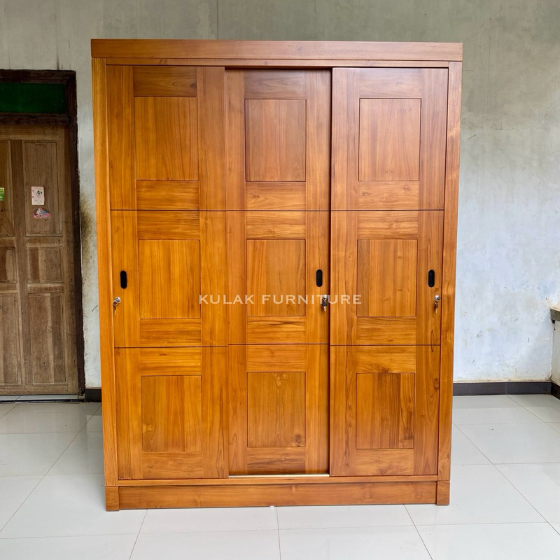 lemari pakaian minimalis 3 pintu sliding kayu jati / lemari baju minimalis jati