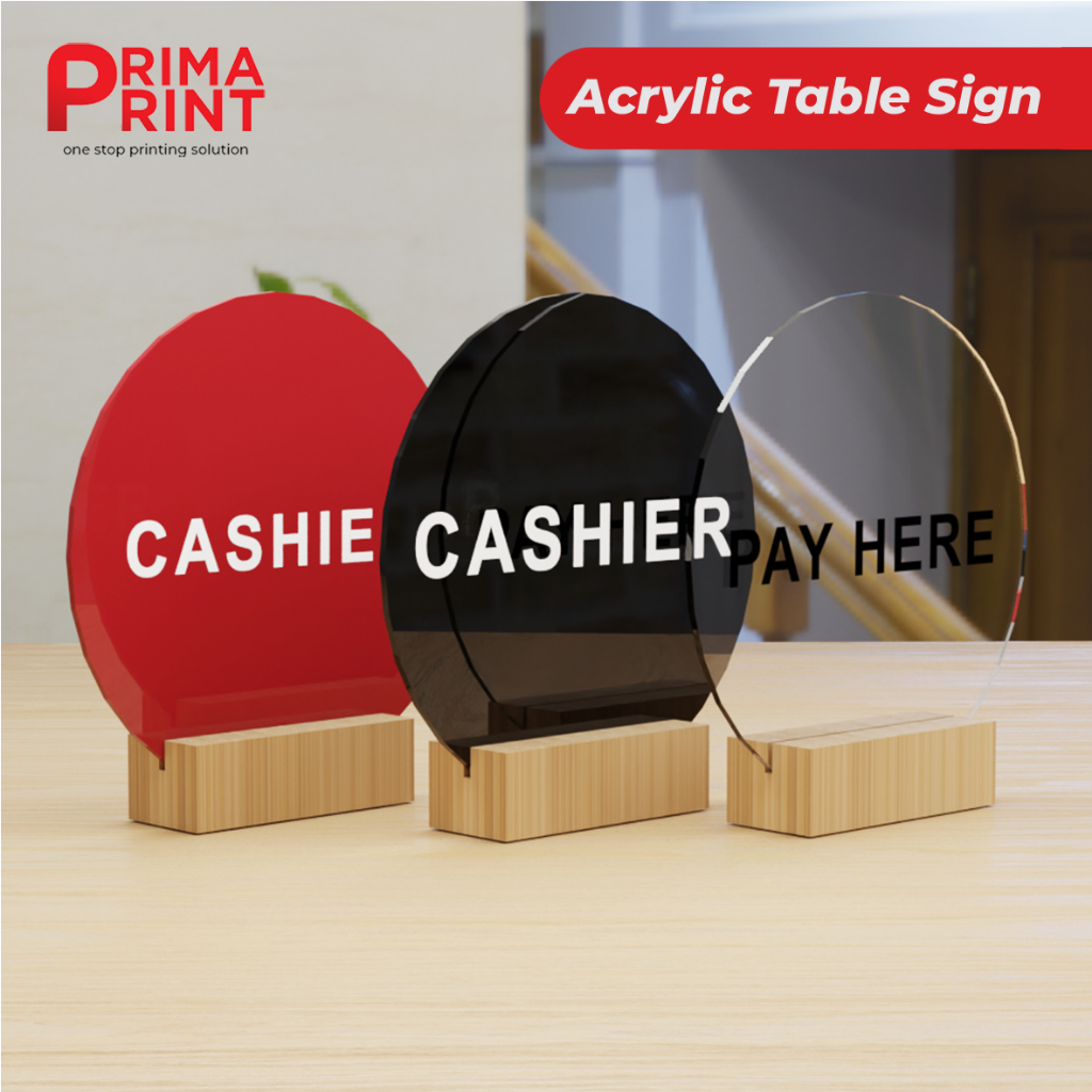 

Papan Meja Kasir Akrilik Lingkaran Stand Kayu Premium I Akrilik Stand Cashier - Table Sign Custom Print UV