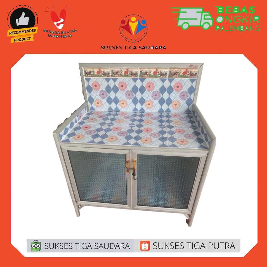 RAK LEMARI MEJA KOMPOR 4 KERAMIK ALUMINIUM KACA BELAKANG SENG