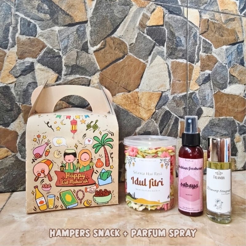 

HAMPERS LEBARAN - paket snack+parfum spray