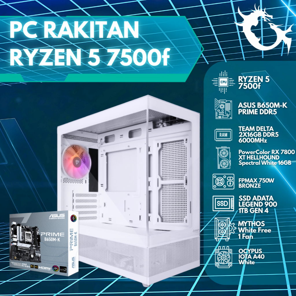 PC Rakitan RYZEN 5 7500f | RAM 32 GB Kit | ASUS B650M-K PRIME | PowerColor RX 7800 XT HELLHOUND Spec