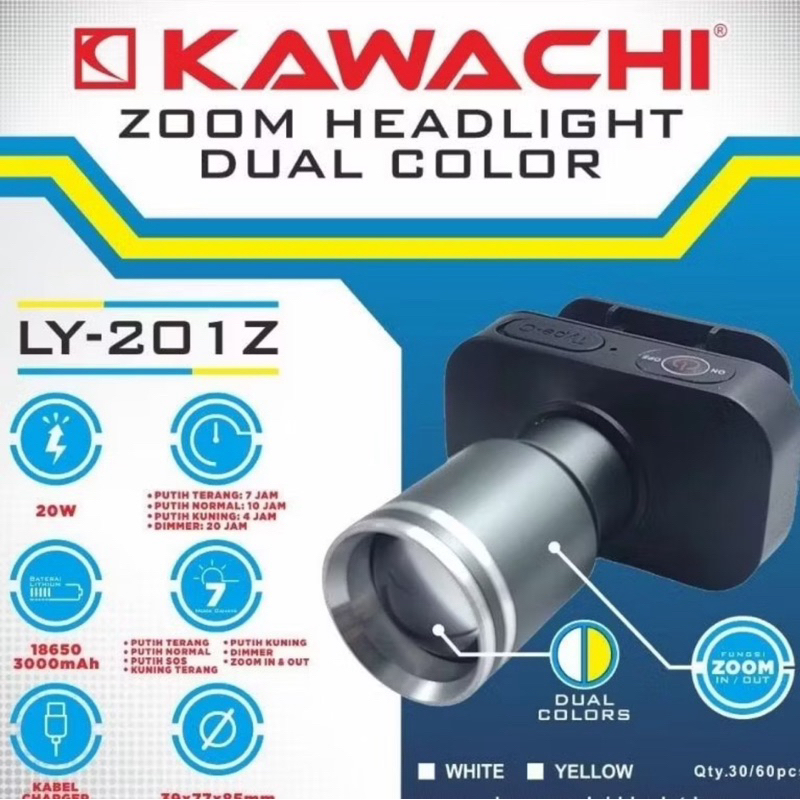 Senter Kepala Kawachi LY-201Z Zoom 2 Cahaya(putih & kuning) Senter Kawachi Super Terang