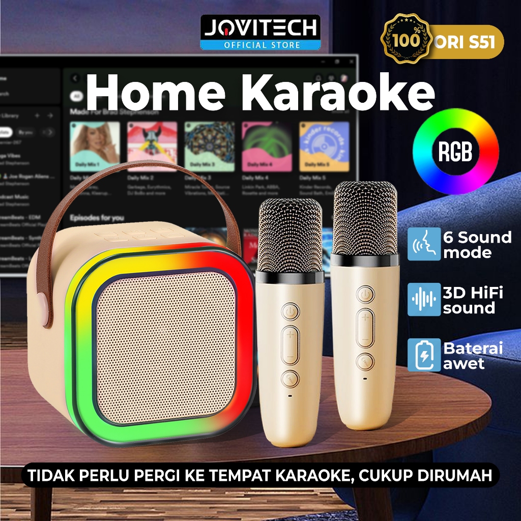 (HOT PRODUK) Jovitech Karaoke Speaker Wireless Bluetooth 2 Mic 1 Set Mini Portabel Lucu Colorful RGB