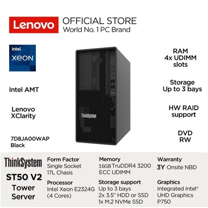 Lenovo PC ThinkSystem ST50 V2 Server Intel Xeon E 2324G 4 Cores 16GB 1TB