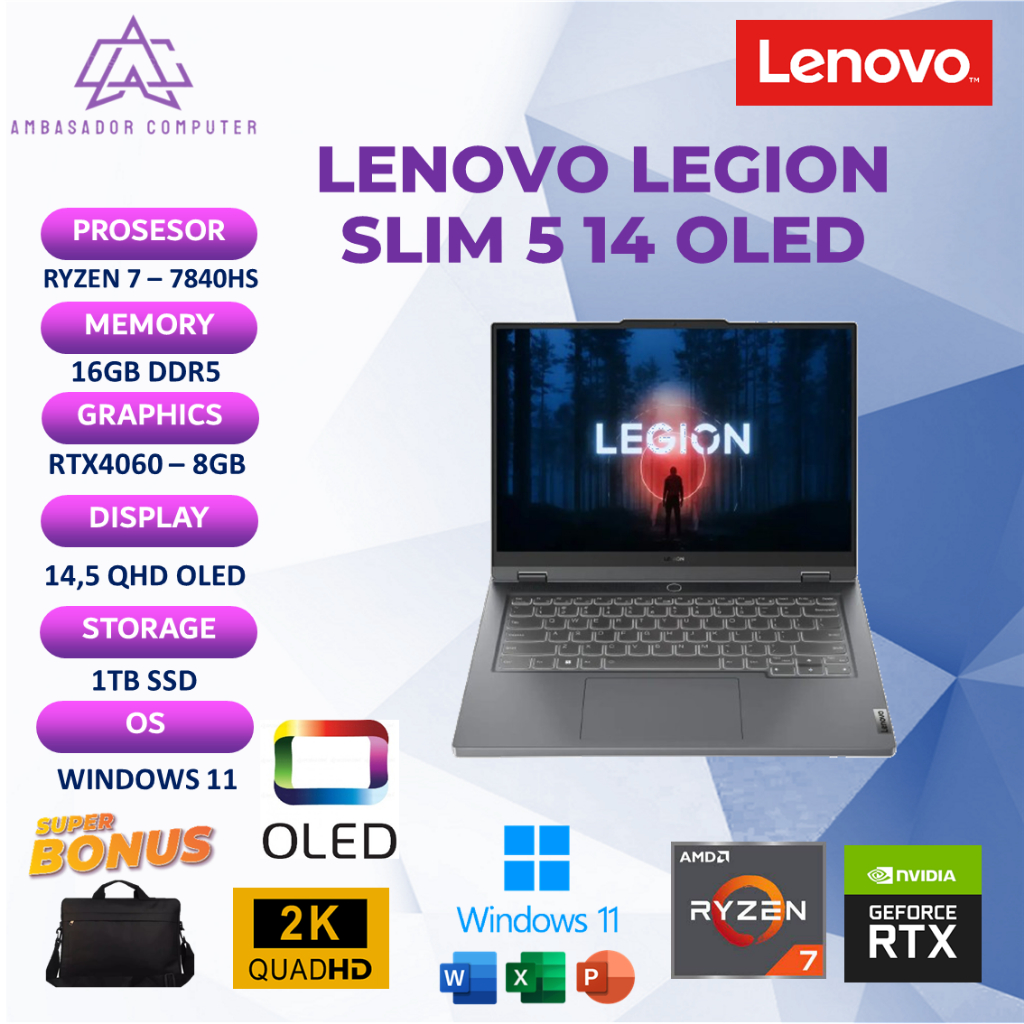 Lenovo Legion Slim 5 14 OLED RYZEN 7-7840HS RTX4060 8GB 16GB 1TB Windows11 QHD