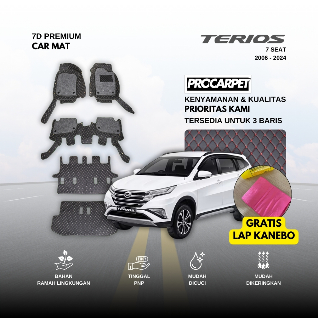 Karpet 7D+Karpet Mie Coil ProCarpet Premium Car DAIHATSU TERIOS 7 SEAT 2006-2024 + Bonus Kanebo Karp