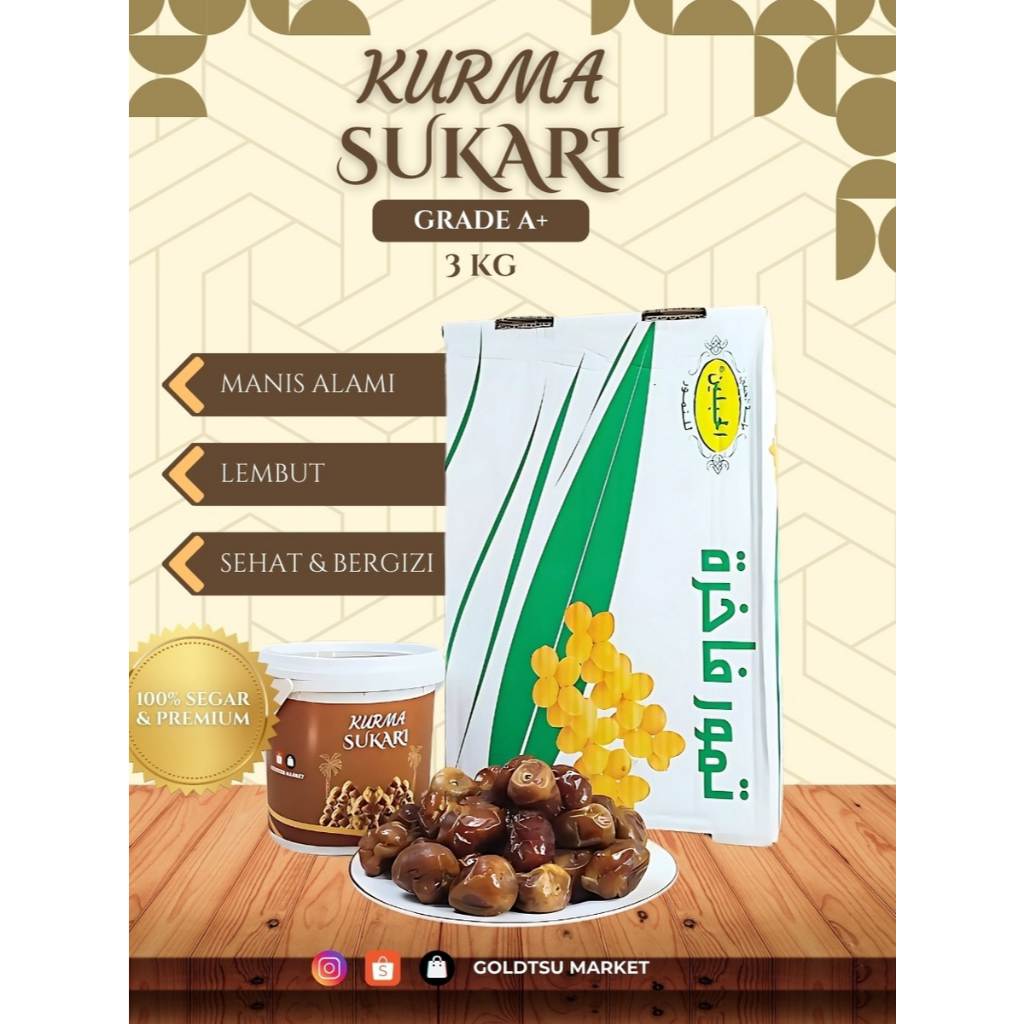 

Kurma Sukari 3 KG | Kurma Raja Grade A+ Premium Fresh Manis Lembut