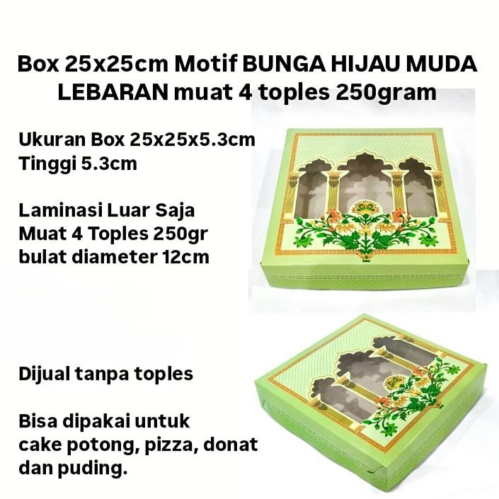 

Dus Hampers Donut Lebaran Kotak Packaging Pudding Idul Fitri Motif Bunga Hijau Muda Isi 4 Toples Bulat 250Gr 25x25x5.3 cm
