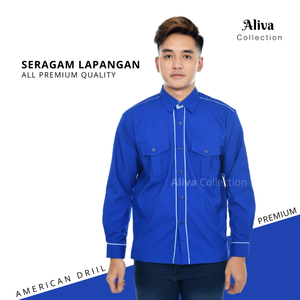 ALIVA Kemeja Pria Polos Seragam Kerja/Seragam Partai/Biru Lengan Panjang