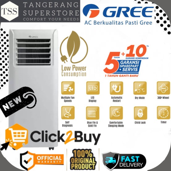 Gree GPC-09P2 AC Portable 1 PK Putih dengan Sistem Pembersihan Udara