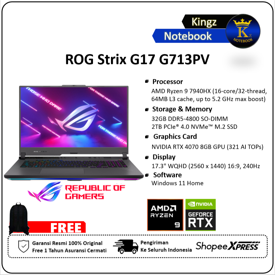 Asus ROG Strix G17 G713PV Ryzen 9 7845HX 32GB 2TB SSD Win11 17,3 WQHD 240Hz