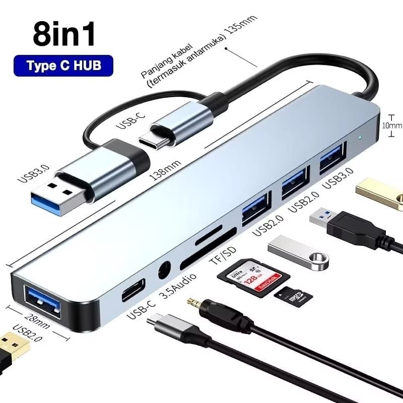 8 IN 1 USB HUB TYPE C USB 4 PORT HUB + SD + TF CARD READER + TYPE C + AUDIO 3.5 TIPE C HUB WITH CARD