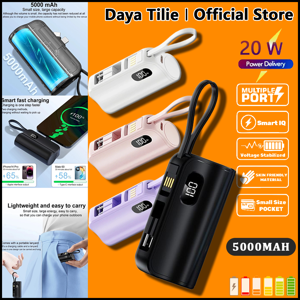 Daya Tilie Mini Powerbank 5000mAh IOS/Type-C Power Bank Fast Charging Portable Powerbank LED Display