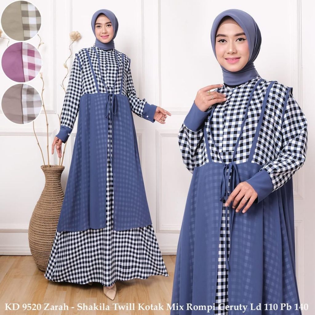 KD 9520 (isi 2) ASYA Gamis Sakilla Print Import Rompi Lepas Full Ceruty Babydoll Mayung Motif Kotak 