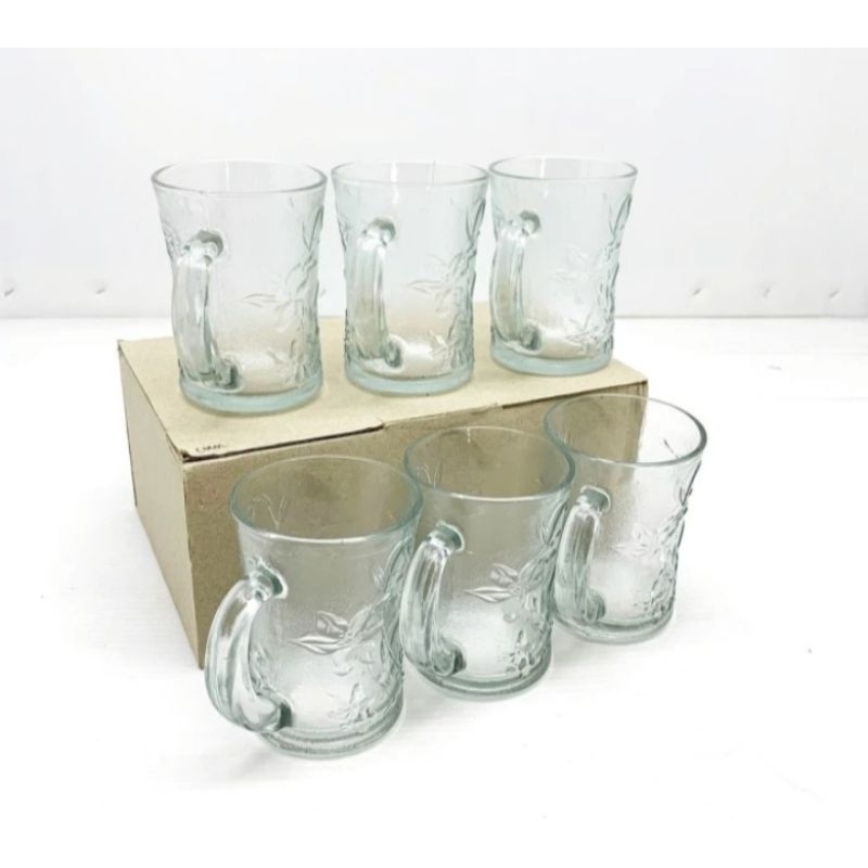 Gelas Minum Gagang Ukir Bunga Kaca Teh Kopi Unik CMDL-255 (isi 6pcs)