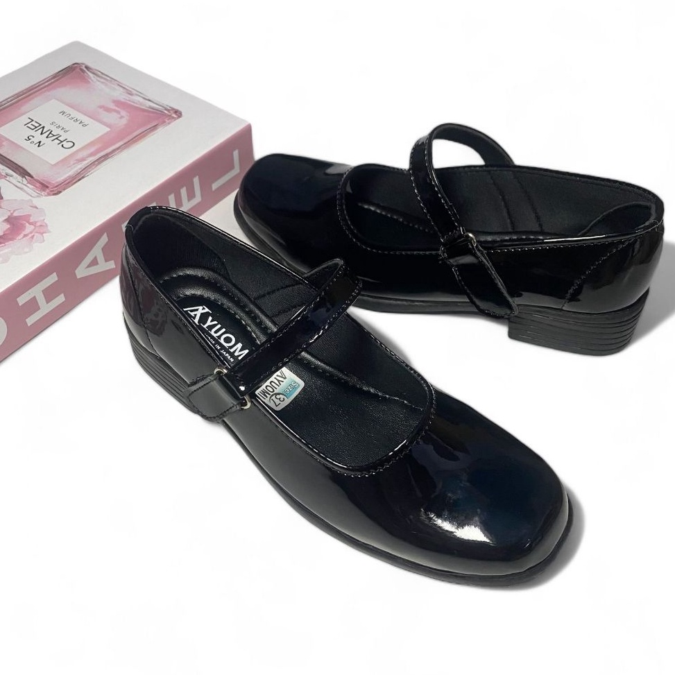 KODE S86C YUOMI Sepatu Pantofel Wanita Paskibra Hitam Glossy Hak 3cm