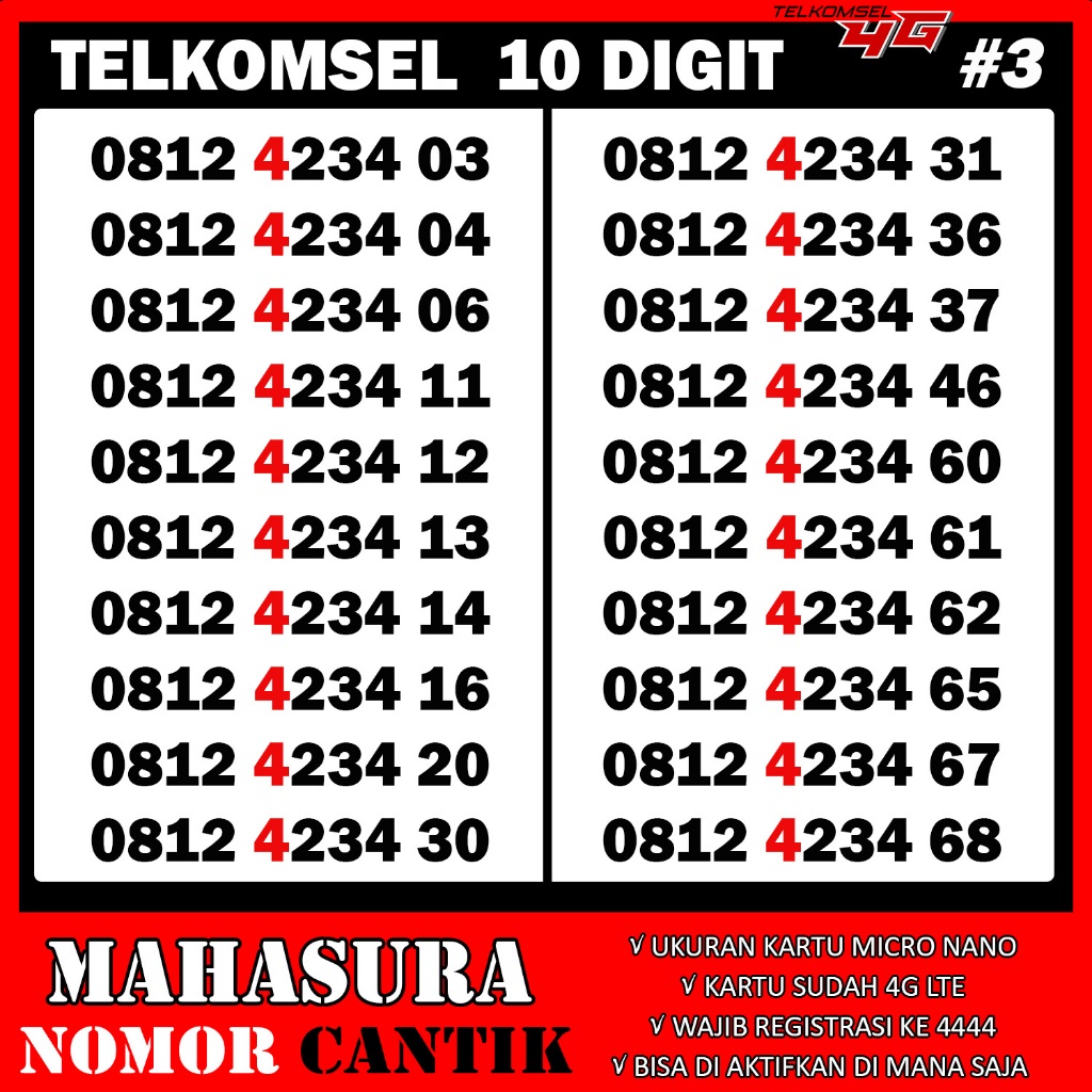 Kartu perdana Nomor cantik Simpati 4G Telkomsel 10 Digit Bonus kuota 260Gb 1 tahun