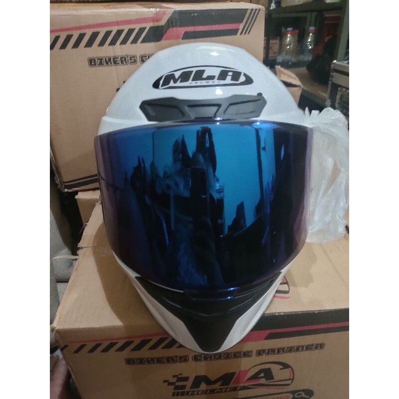 Helm Full Face MLA Crypton Polos Solid White Visor Biru - Helm FullFace MLA - Helm Full Face