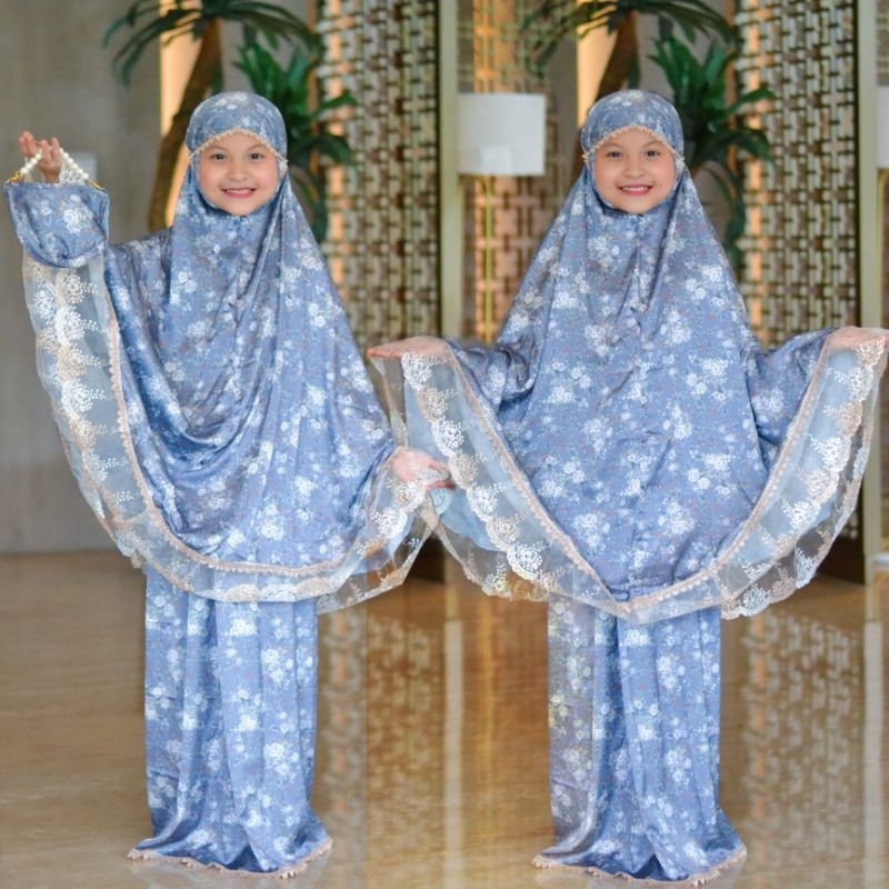 AJE ZAS - Mukena Anak Umur 6 sampai 10 Tahun Motif Bunga Bahan Armani Silk Mix Renda