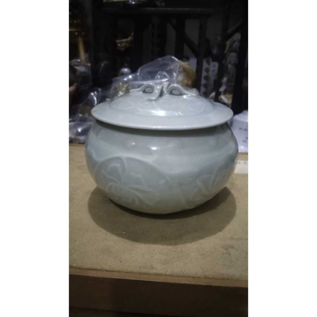 Guci Mangkuk Keramik Celadon Motif Bunga Kuno Jadul Antik