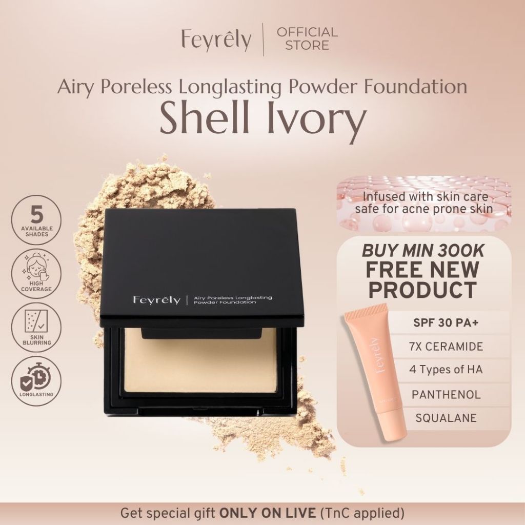 FEYRELY Airy Poreless Longlasting Powder Foundation - Shell Ivory | Bedak Padat | Powder Foundation 