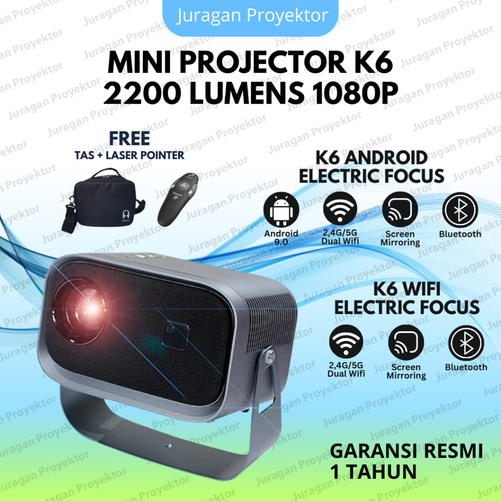 Smart Mini Proyektor K6A Android Wifi 2200 Lumens | Mini Proyektor K6 Wifi Bluetooth | Proyektor Min