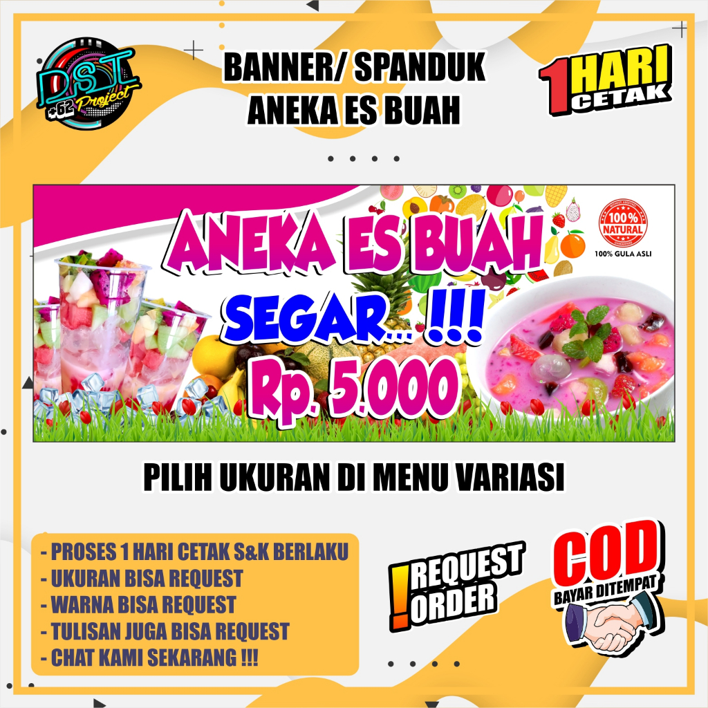BANNER / SPANDUK ANEKA ES BUAH tema putih pink