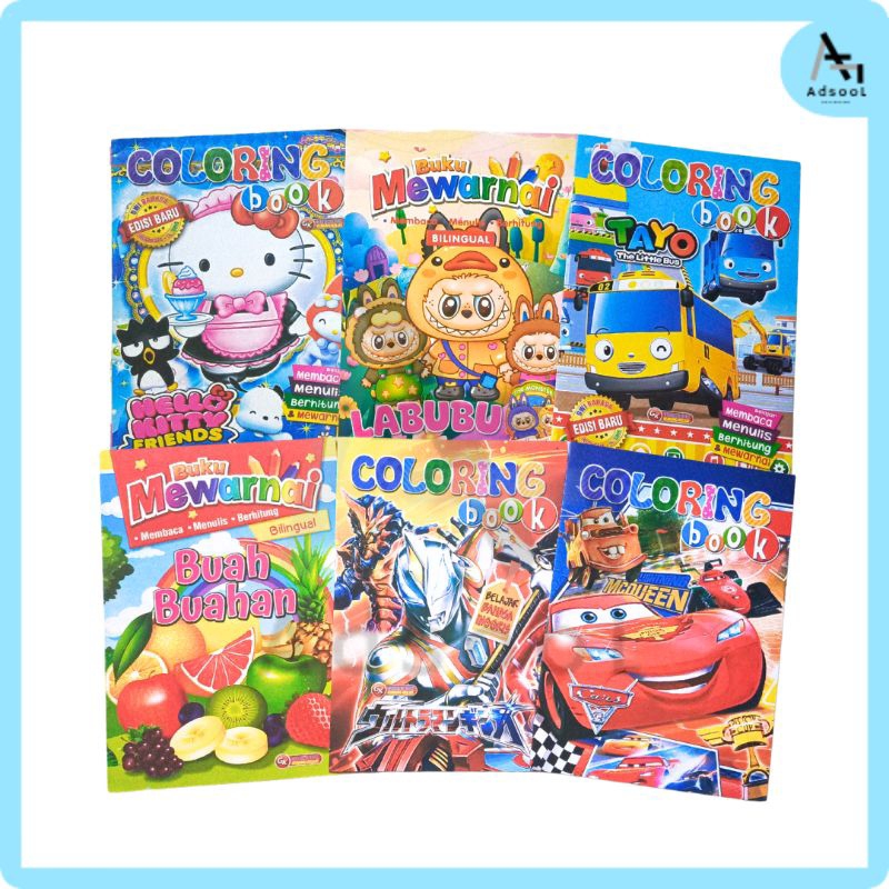 Buku Mewarnai Anak Besar Aneka Gambar Ukuran Jumbo Labubu Tayo Doraemon Thomas