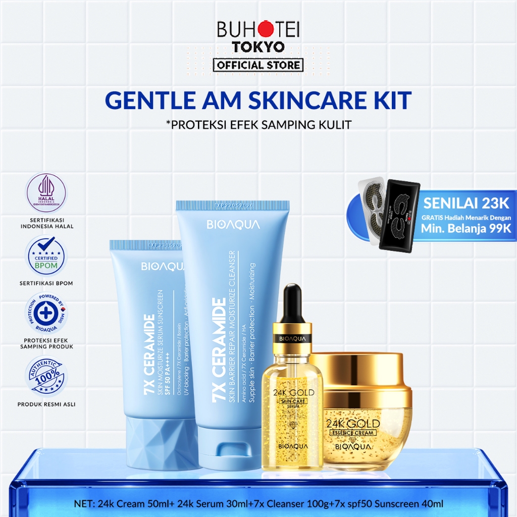 BPOM BUHOTEI Bioaqua 24K Gold Skin Care Whitening&Barrier repair Kit Serum/Moisturizer/Sheet Mask/To