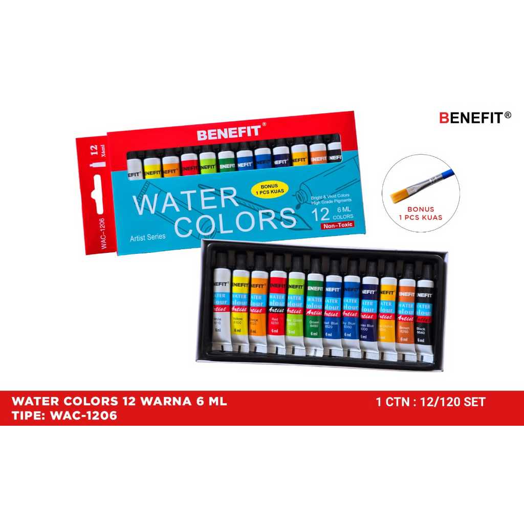

(1 Kotak) Water Colour 12 Warna 6 ML Benefit / Cat Air Water Colors 12 Warnfa 6 ML benefit