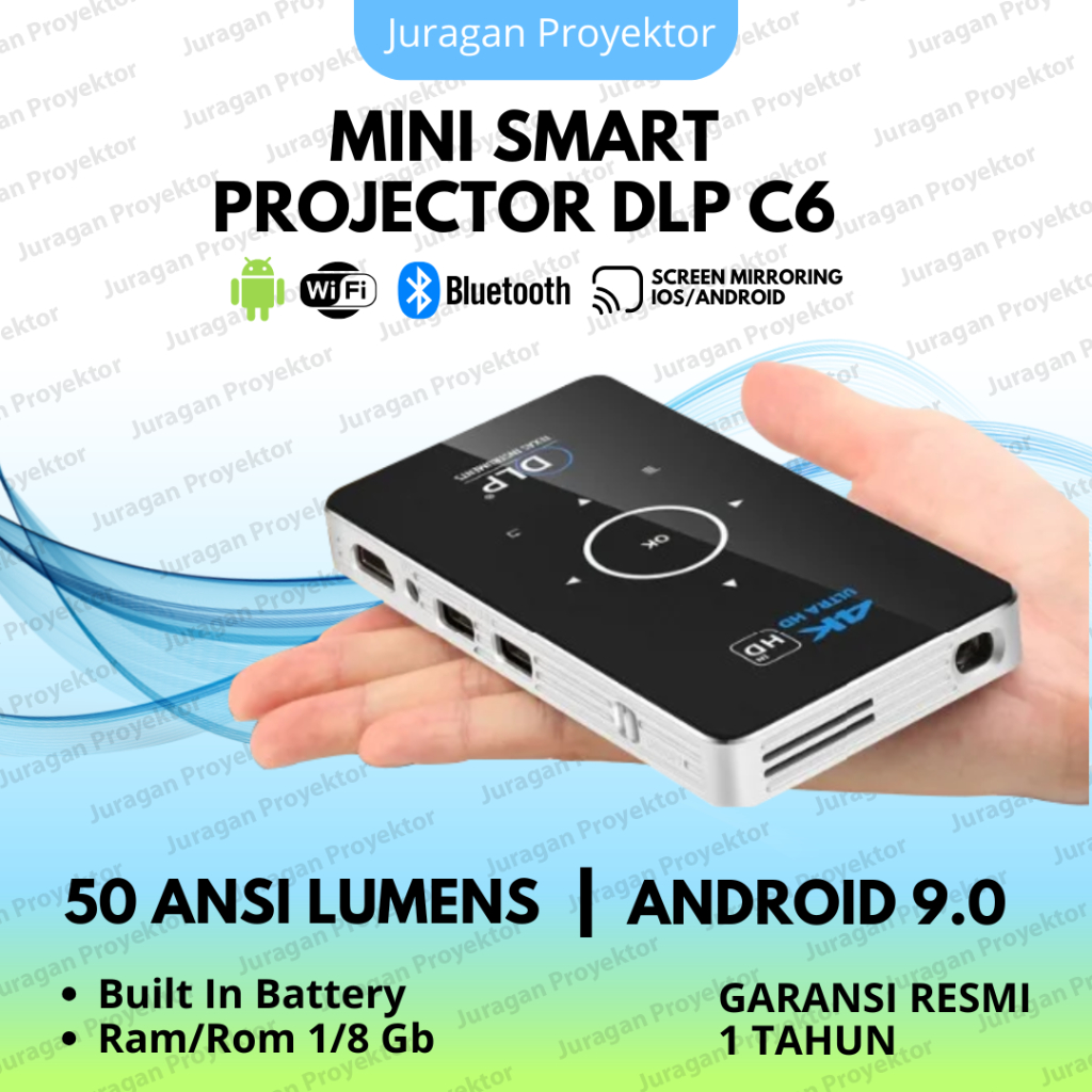 Projector DLP C6 Mini Android Wifi Bluetooth 4K Full HD | Proyektor DLP C6 | Smart Projector Mini Po