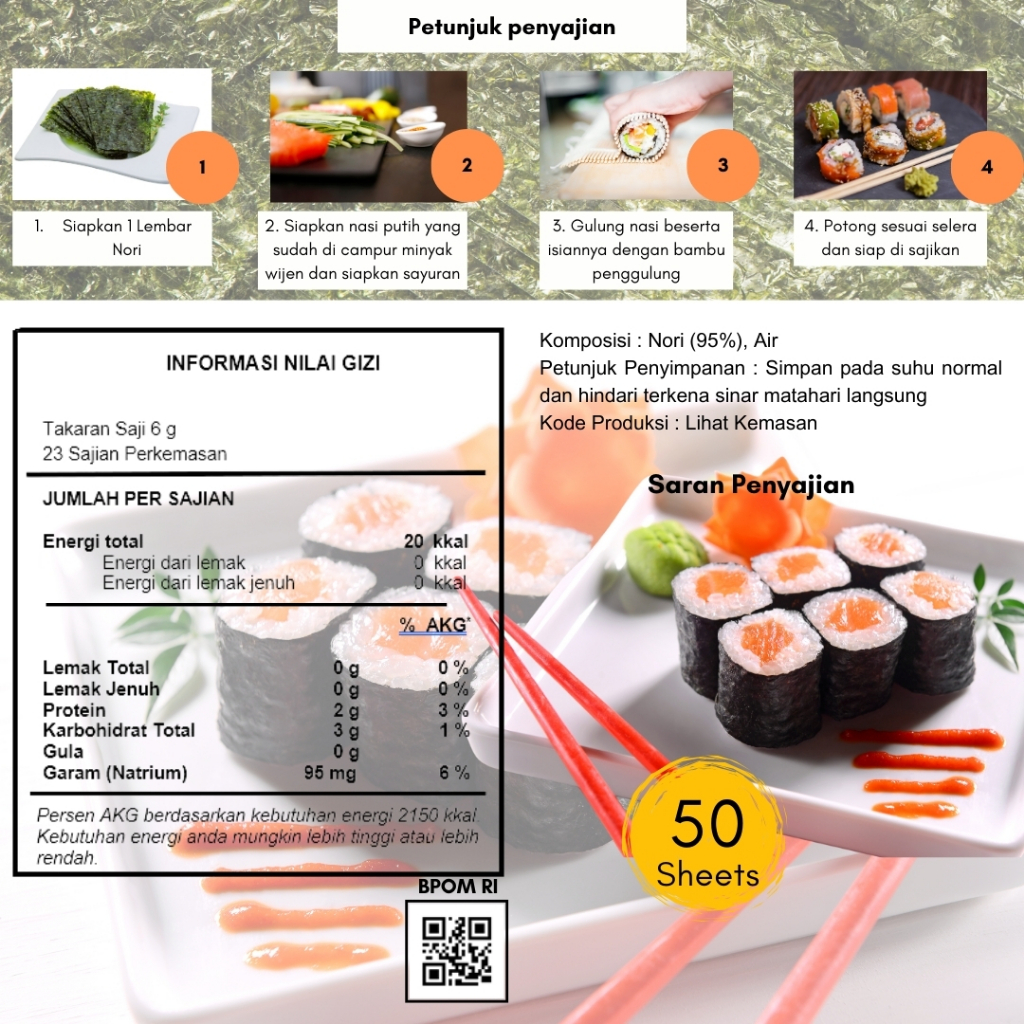 

SUSHI NORI ROASTED SEAWEED isi 50 LEMBAR ( SUSHI / GIMBAP ) ( MURAH! ) HALAL