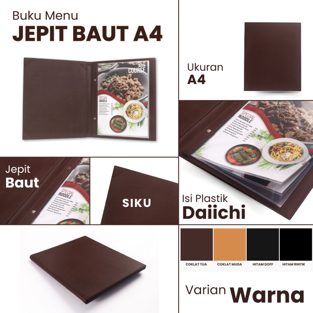 

Promo Buku Menu kulit coklat muda, coklat tua, hitam doff, hitam rintik jepit baut isi plastik A4