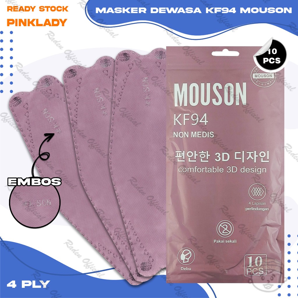 Masker KF94 MOUSON 4Ply Isi 10Pcs Lady Pink Shrimp Korea KF 94 4 Ply Earloop Surgical Mask