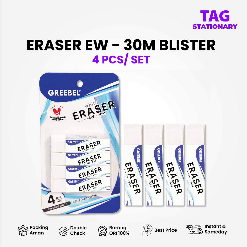 

GREEBEL Penghapus Panjang / ERASER EW-30M BLISTER 4 PCS/SET / Penghapus Pensil Timur Agung Grosir