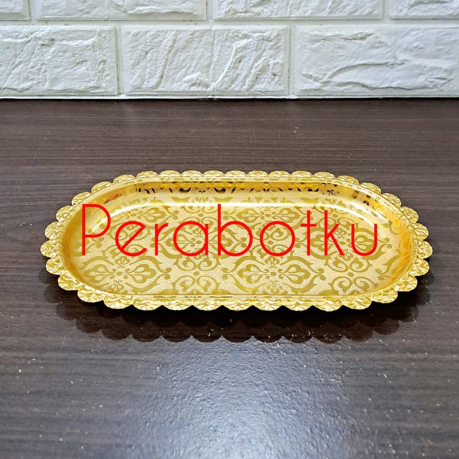 Piring Saji Oval Stenlis Gold Motif Batik 24 cm GH-234A / Wadah Saji Lodor Stainless Emas Kecil