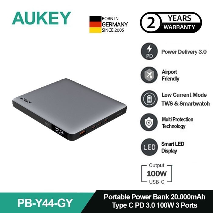 AUKEY Powerbank 20000mah PB-Y44 Grey USB C 100W PD 3.0 PPS Power Bank 20.000mAh