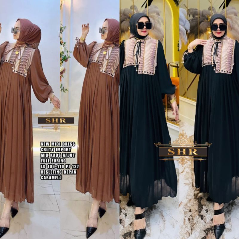 Midi Dress Kotak Houndstooth Ceruty Mix Kaos Rajut ORI SHR