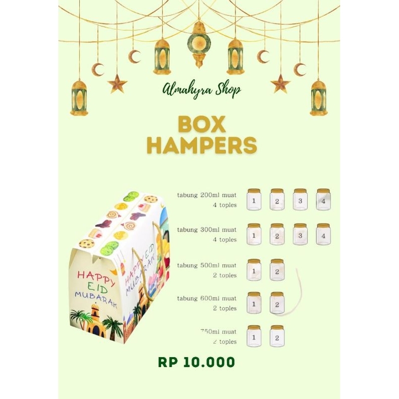 

Box Hampers toples lebaran / box kue kering / box muat tabung 200ml, 300ml, 500ml, 600ml, 750ml