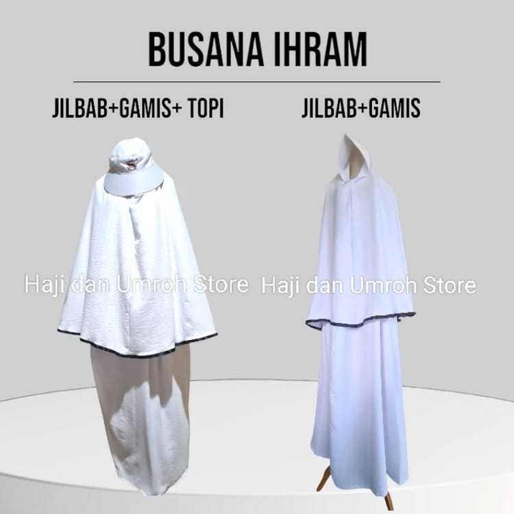 Busana Ihram Pakaian Haji/umroh Wanita Gamis + Jilbab + Topi (YM)
