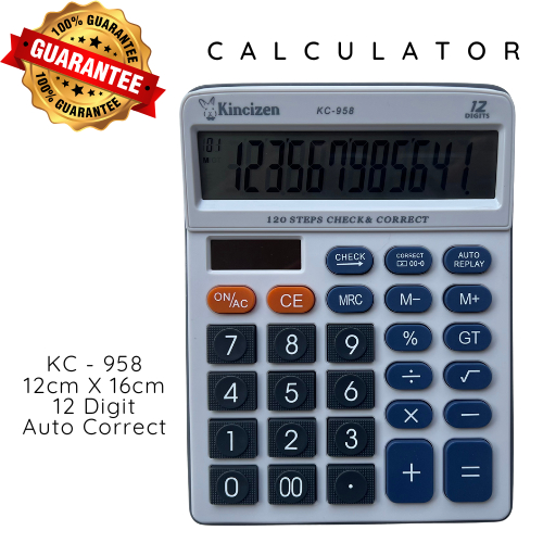 

Kalkulator CT 958 Ukuran Sedang 16cm x 12cm Hitam Putih 12Digit Replay Check Correct