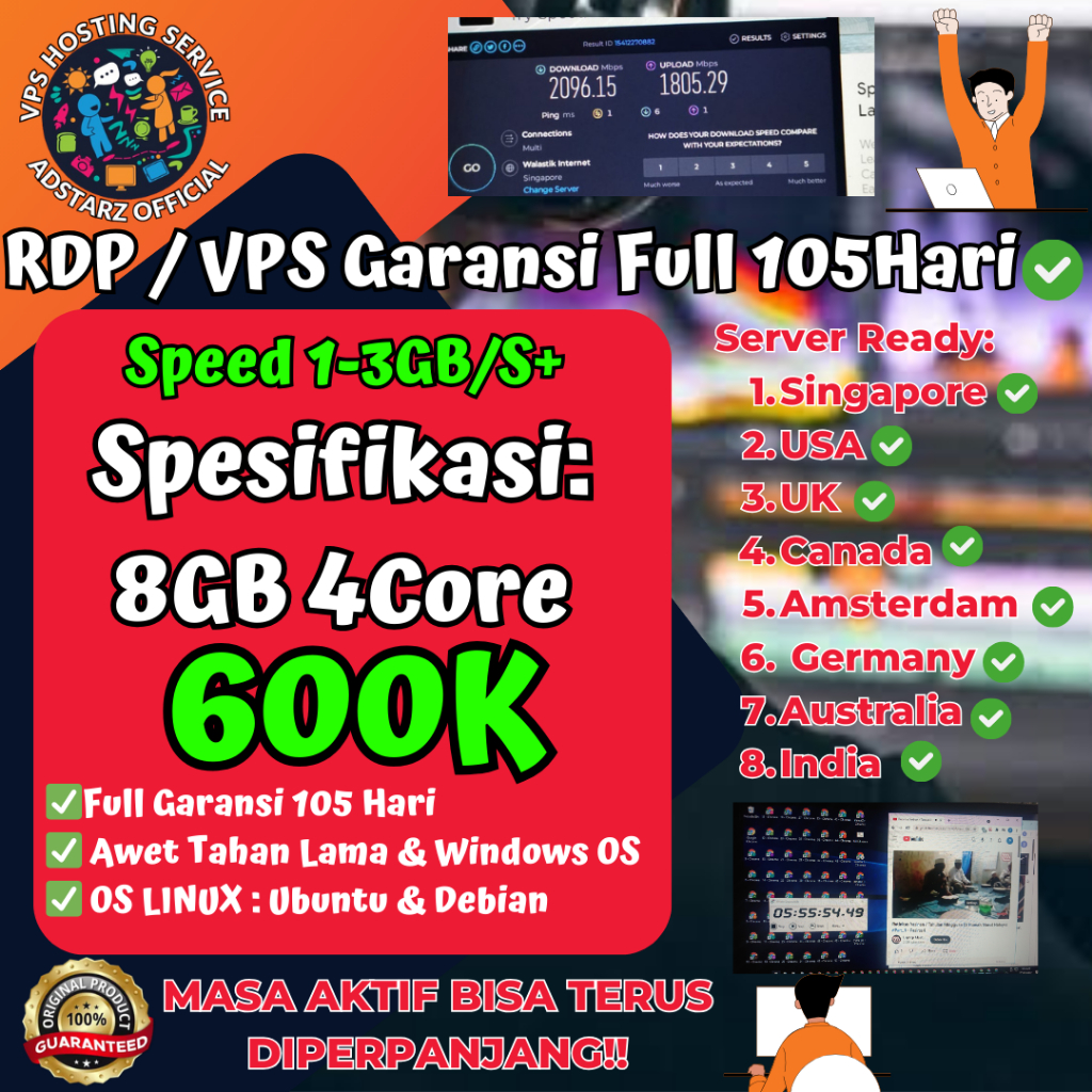 RDP / VPS 8GB 4CORE Windows Linux Ubuntu Debian Full Administrator & Full Garansi [ 105 HARI ]