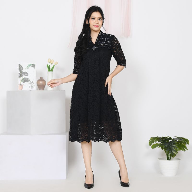 Dress Brokat bahan fatmawati premium / gaun pesta / gaun hitam / gaun putih / dress brokat payet mew