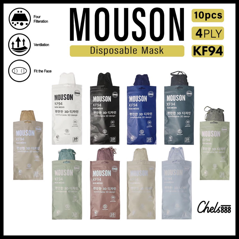 Masker KF94 Mouson 4ply - Masker KF 94 4 ply isi 10 - Hitam Putih Pink Abu Hijau Matcha