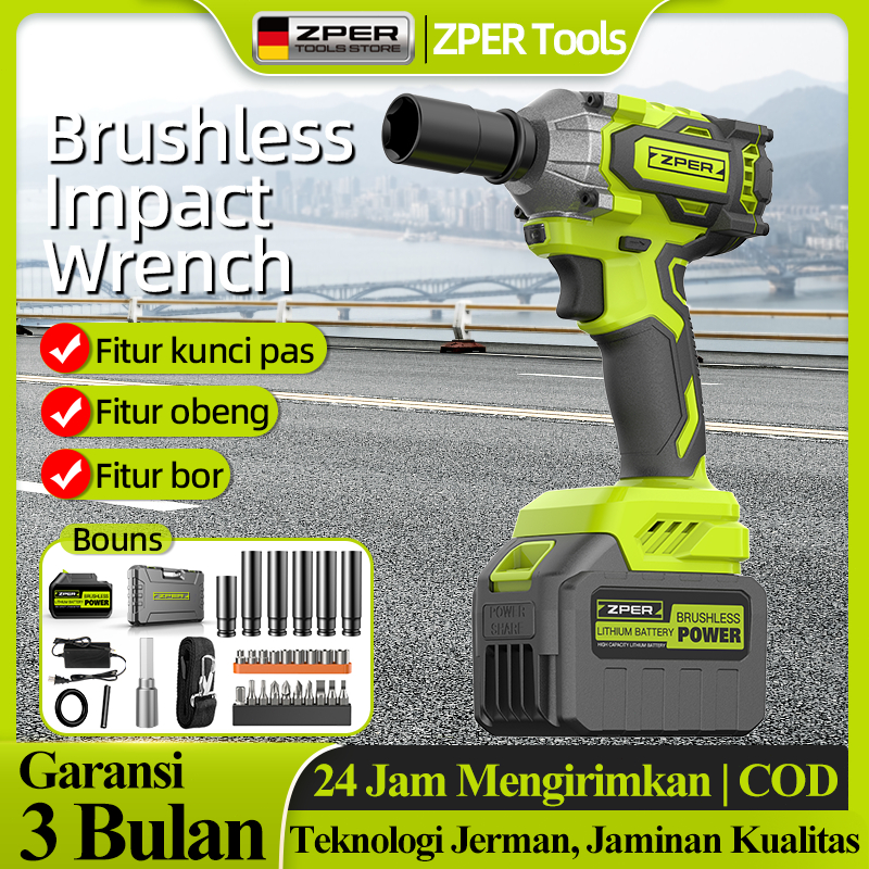 PROMO ZPER Brushless Impact Wrench Cordless 988V 800NM Brushless Bor Impact Baterai Mesin Impact