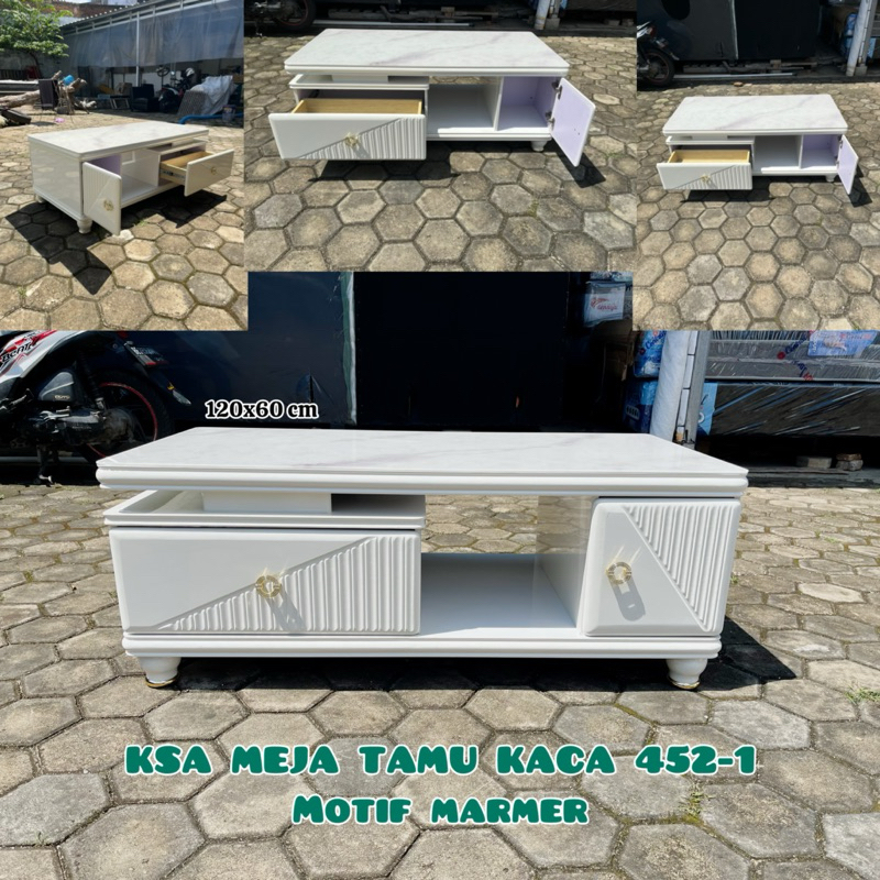 Meja Tamu | Coffe Table Persegi Kotak Daun Meja Kaca Motif Marmer Putih